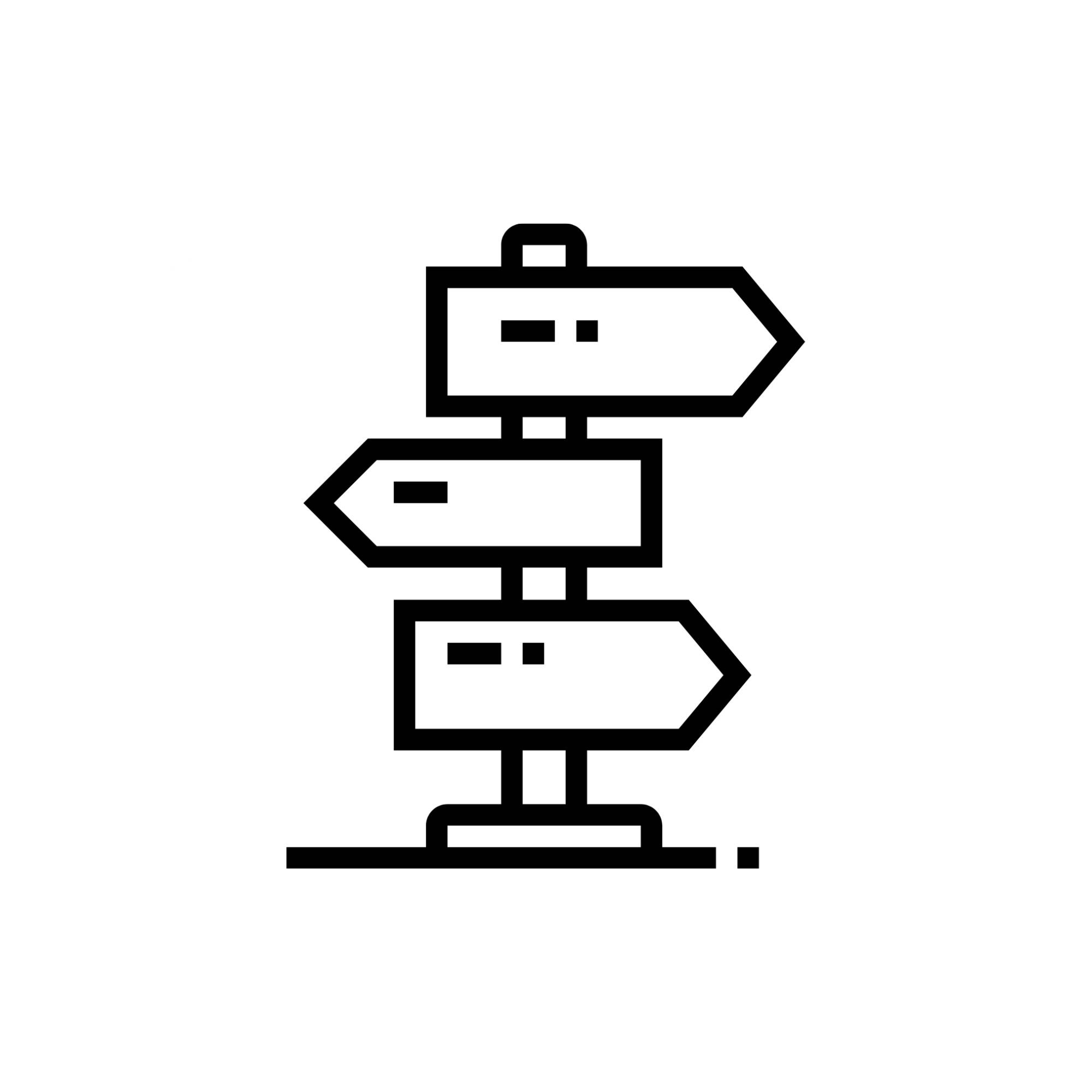 A road sign with three arrows